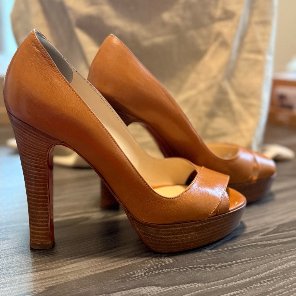 Authentic Christian Louboutin Tan Peep-Toe Heels